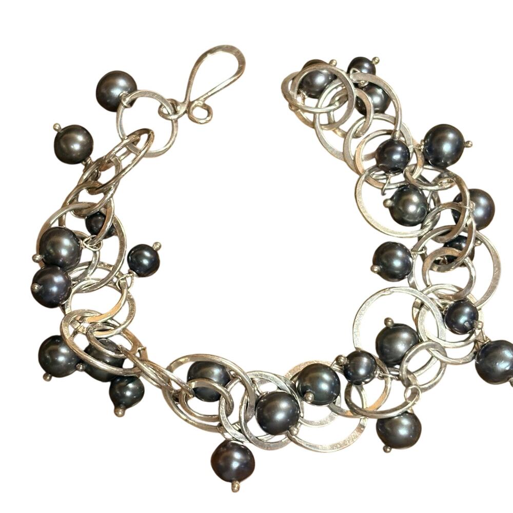 Sterling Silver & Pearl Dangle Bracelet Circular Chain Peacock Pearls 8.5 Inch